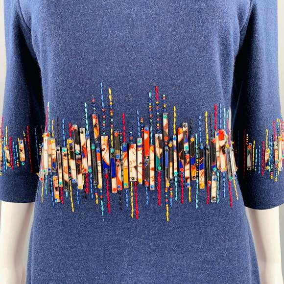 CAROLINA HERRERA Blue Multi Color Wool Beaded Back Zip Dress - Picture 2 of 8